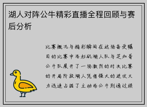 湖人对阵公牛精彩直播全程回顾与赛后分析